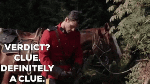 A Man In A Red Uniform Is Riding A Horse And Says Verdict ? Clue .. GIF