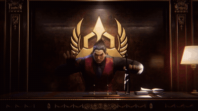 A Man In A Red Vest And Black Shirt Is Standing In Front Of A Gold Laurel Wreath GIF