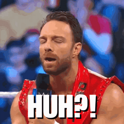 A Man In A Red Vest With The Word Huh Written On His Chest GIF