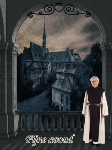 A Man In A Robe Is Standing On A Balcony With The Words Fijne Avond Written Above Him GIF