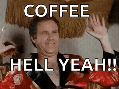 A Man In A Robe Is Waving His Hands In The Air With The Words `` Coffee Hell Yeah ! '' . GIF