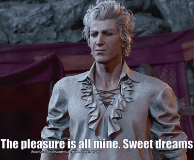 A Man In A Ruffled Shirt With The Words " The Pleasure Is All Mine Sweet Dreams " Above Him GIF