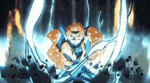 A Man In A Samurai Costume Is Surrounded By A Blue Lightning Bolt . GIF