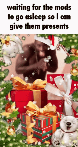 A Man In A Santa Hat Is Standing In Front Of A Christmas Tree Surrounded By Presents GIF