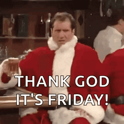 A Man In A Santa Suit Is Sitting At A Bar Holding A Glass Of Beer And Saying Thank God It 'S Friday . GIF