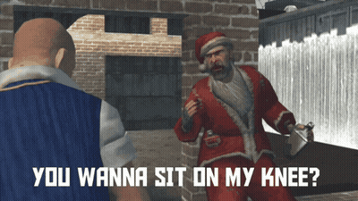 A Man In A Santa Suit Says You Wanna Sit On My Knee In A Video Game GIF