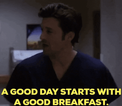 A Man In A Scrub Top Says " A Good Day Starts With A Good Breakfast . " GIF