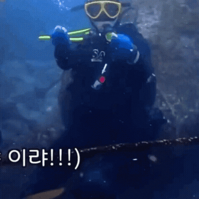 A Man In A Scuba Suit Is Holding A Spear In The Water And Says Hello GIF