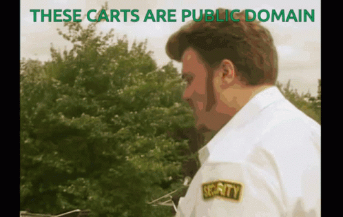 A Man In A Security Uniform Stands In Front Of Trees With The Words These Carts Are Public Domain Above Him GIF