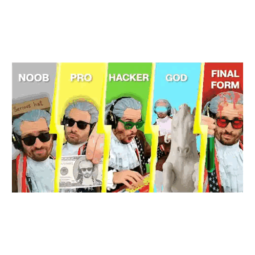 A Man In A Serious Hat Holds A Dollar Bill In Front Of A Sign That Says Noob Pro Hacker God And Final Form Sticker