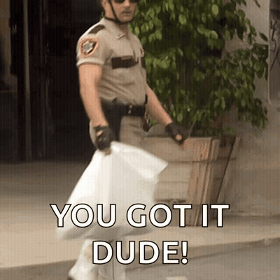 A Man In A Sheriff 'S Uniform Is Carrying A Bag That Says " You Got It Dude " GIF