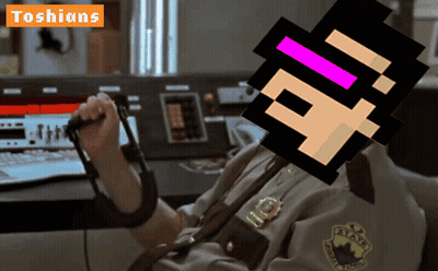 A Man In A Sheriff 'S Uniform Is Holding A Microphone In Front Of A Screen That Says Toshians GIF