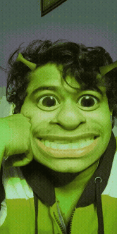 A Man In A Shrek Costume Is Smiling With His Hand On His Face GIF
