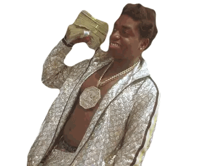 A Man In A Silver Jacket Is Holding A Large Stack Of Money Sticker