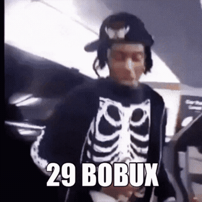 A Man In A Skeleton Costume Is Wearing Headphones And A Hat With The Words 29 Bobux Written On It . GIF