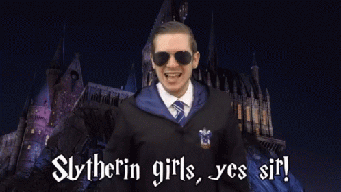 A Man In A Slytherin Costume Stands In Front Of A Castle And Says Slytherin Girls Yes Sir GIF