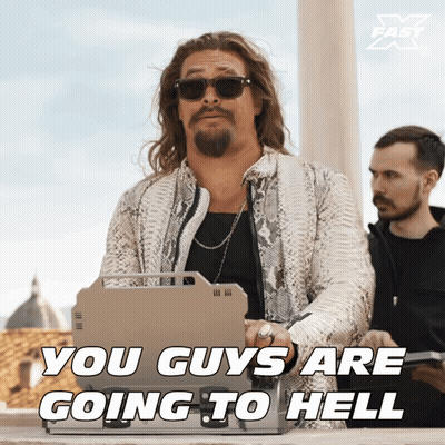 A Man In A Snakeskin Jacket Says " You Guys Are Going To Hell " While Using A Laptop GIF