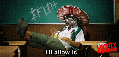 A Man In A Sombrero Sits At A Desk In Front Of A Chalkboard That Says I 'Ll Allow It GIF