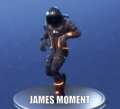 A Man In A Space Suit Is Dancing On A Pedestal With The Words `` James Moment '' Written On It . GIF
