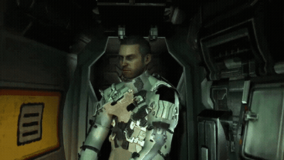 A Man In A Space Suit Is Holding A Gun In A Room With A Yellow Sign That Says Ii GIF