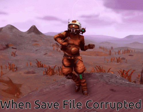 A Man In A Space Suit Is Running In A Video Game With The Words When Save File Corrupted Below Him GIF