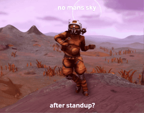 A Man In A Space Suit Is Standing On Top Of A Hill With The Words No Mans Sky After Standup Below Him GIF