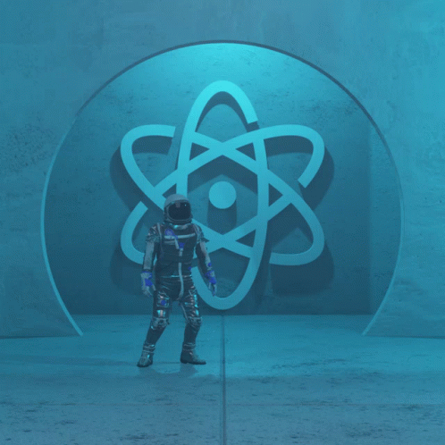 A Man In A Space Suit Is Walking In Front Of An Atom Sign GIF