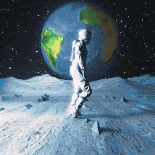 A Man In A Space Suit Is Walking On The Moon In Front Of The Earth GIF