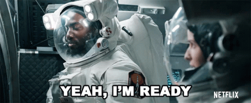 A Man In A Space Suit Says Yeah I 'M Ready Next To Another Man GIF