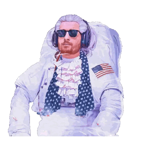 A Man In A Space Suit With An American Flag Scarf Around His Neck Sticker