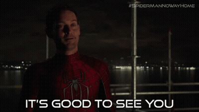 A Man In A Spider Man Suit Is Standing In Front Of A Body Of Water And Says It 'S Good To See You GIF