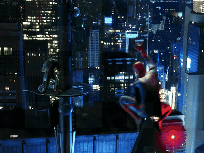 A Man In A Spiderman Costume Is Flying Over A City GIF