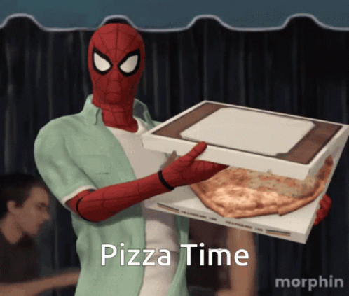 A Man In A Spiderman Costume Is Holding A Box Of Pizza And Says Pizza Time GIF