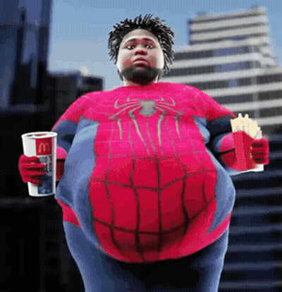 A Man In A Spiderman Costume Is Holding A Cup Of Mcdonald 'S And French Fries GIF