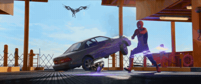 A Man In A Spiderman Costume Is Kicking A Car In A Parking Garage GIF
