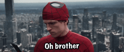 A Man In A Spiderman Costume Is Saying Oh Brother In Front Of A City . GIF