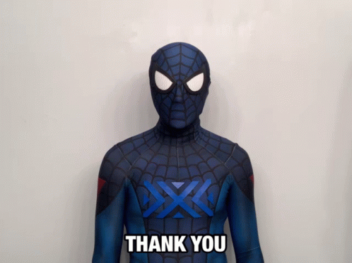 A Man In A Spiderman Costume Says " Thank You " GIF