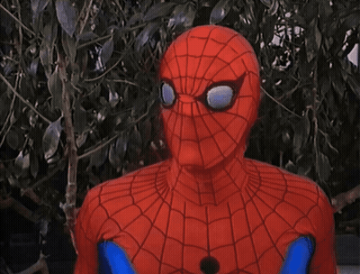 A Man In A Spiderman Costume Stands In Front Of Trees GIF