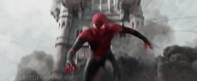 A Man In A Spiderman Suit Is Flying In Front Of A Castle GIF