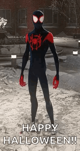 Man In Spider-Man Suit Says Happy Halloween GIF