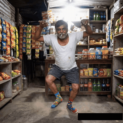A Man In A Store With A Bag Of Chips That Says Lays On It GIF