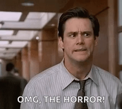 A Man In A Striped Shirt And Tie Is Making A Funny Face And Saying `` Omg , The Horror ! '' GIF