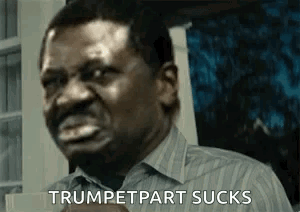 A Man In A Striped Shirt And Tie Is Making A Funny Face And Says Trumpetpart Sucks . GIF