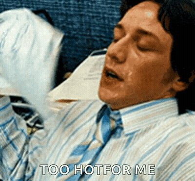 A Man In A Striped Shirt And Tie Is Saying Too Hotfor Me GIF