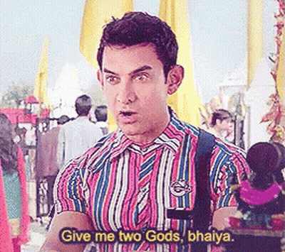 A Man In A Striped Shirt Is Saying " Give Me Two Gods Bhaiya " GIF
