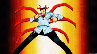 A Man In A Striped Shirt Is Standing In Front Of A Giant Crab With Red Arms GIF