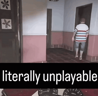 A Man In A Striped Shirt Is Walking Through A Hallway With The Words Literally Unplayable Below Him GIF