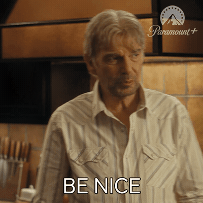 A Man In A Striped Shirt Says " Be Nice " GIF