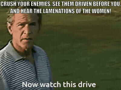 A Man In A Striped Shirt Says " Crush Your Enemies See Them Driven Before You And Hear The Lamentations Of The Women ! " GIF