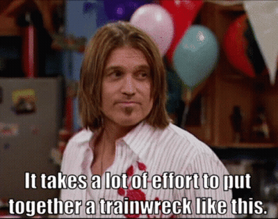 A Man In A Striped Shirt Says " It Takes A Lot Of Effort To Put Together A Trainwreck Like This " GIF